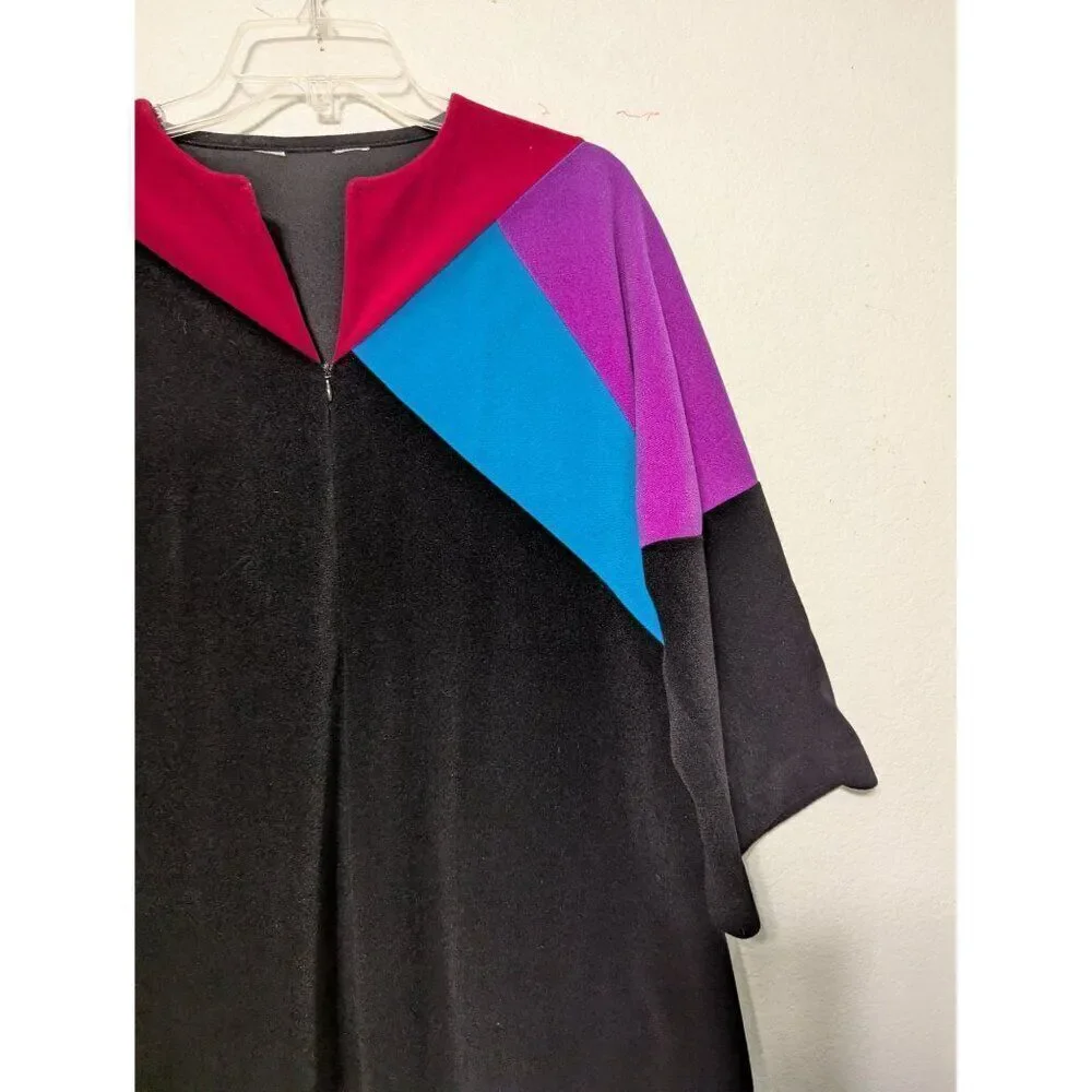 VTG Vanity Fair Color Block Black Zip Velour Robe House Coat Dressing Gown No Sz